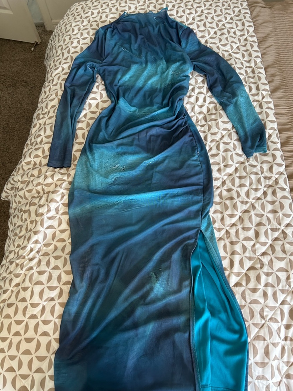 SHEIN Teal & Navy Blue Long Sleeve Bodycon Dress with Side Slit